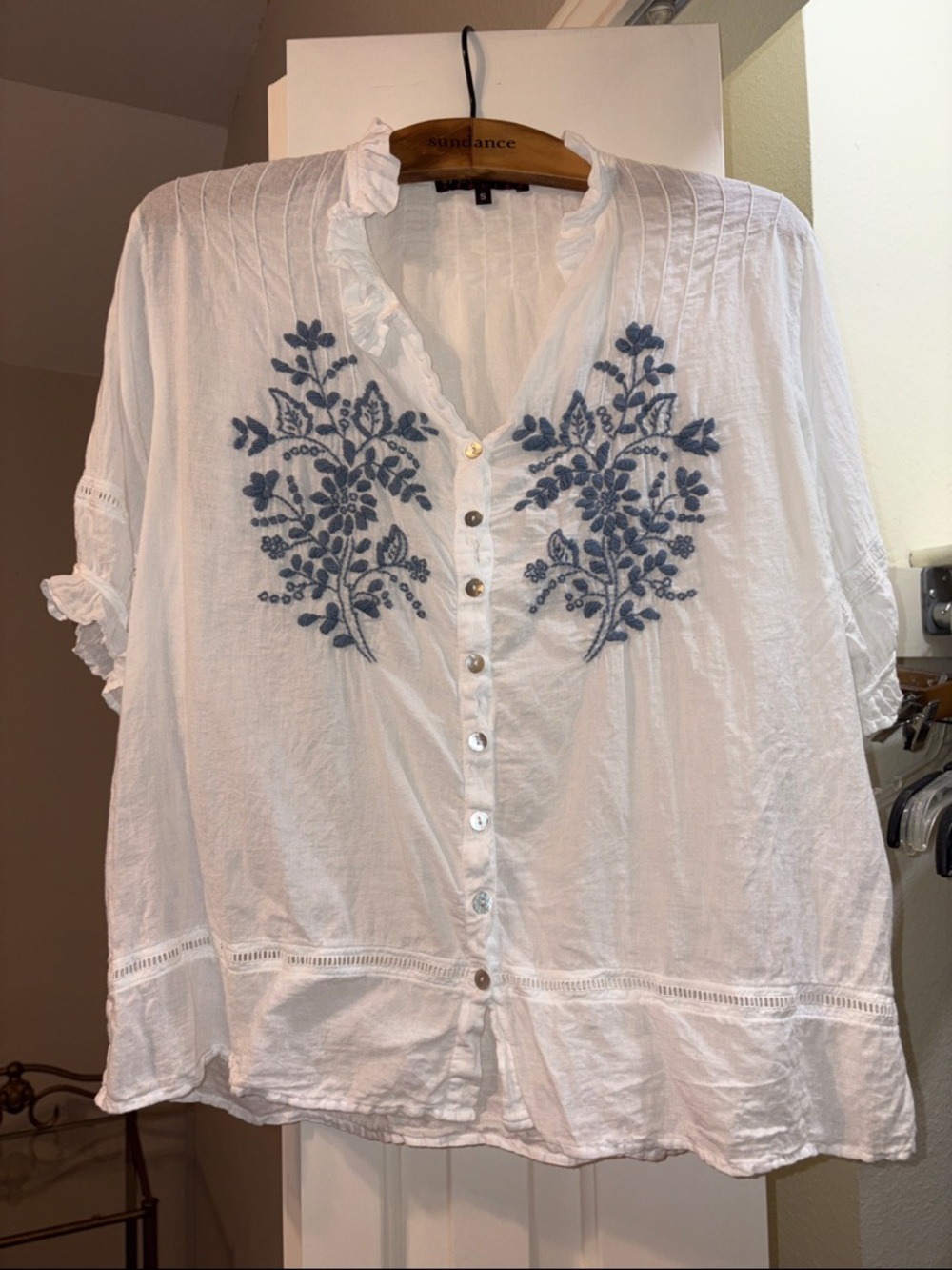 JP and Mattie White Blouse with Blue Floral Embroidery from Sundance